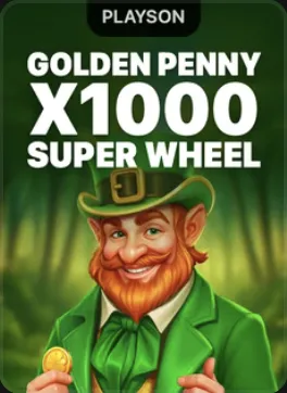Capa do slot Golden Penny x1000 Super Wheel com um duende de chapéu verde